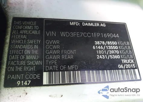 2015 Mercedes-Benz Sprinter 2500 Normal Roof z USA, uszkodzony, nr VIN WD3FE7CC1FP169044